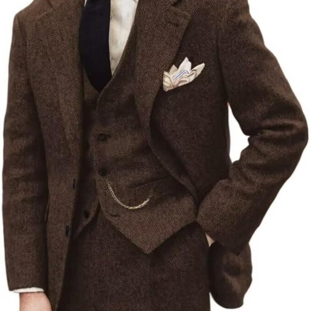 Stylish Men's Herringbone 3-Piece Suit Dark Brown Slim
